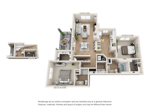 Floor plan for 2 beds, 2 baths, 1286 sqft